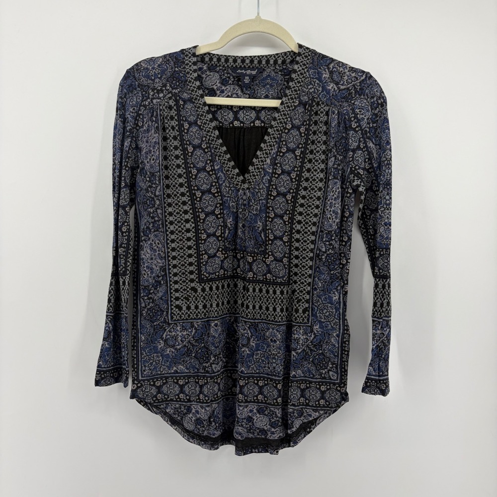 Lucky Brand Womens XS Blue Paisley V-Neck‎ Long Sleeve Boho Peasant Top